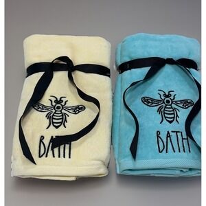 Rae Dunn Set X 2 Hand Towels GUEST YELLOW & TEAL. 4 Total
